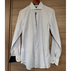 Hugo Boss Mens Dress Shirt 15/38 Slim Fit Easy Iron Blue White Pinstripe Long